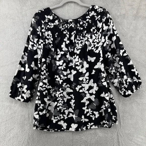 Talbots Top Womens L Black Butterfly Smocked Scoop Neck 3/4 Sleeves Elastic Cuff - Picture 8 of 15